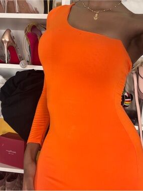 JLUXLABEL One-Shoulder Asymmetrical Orange Bodycon Dress